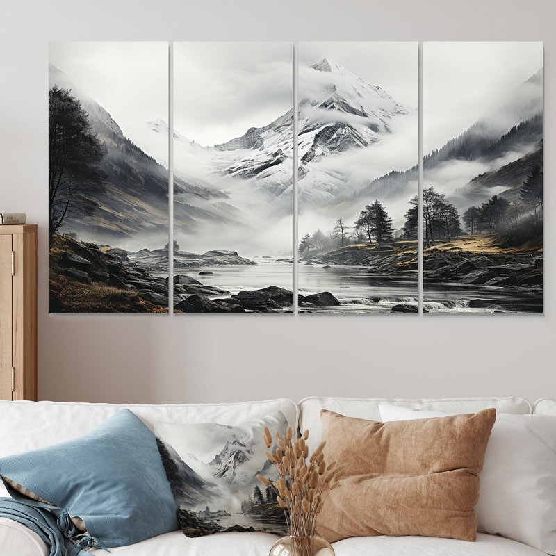 Monochromes alpins, montagnes de Suisse, crêtes I - décoration murale 4 pièces, H 32 po x l 64 po