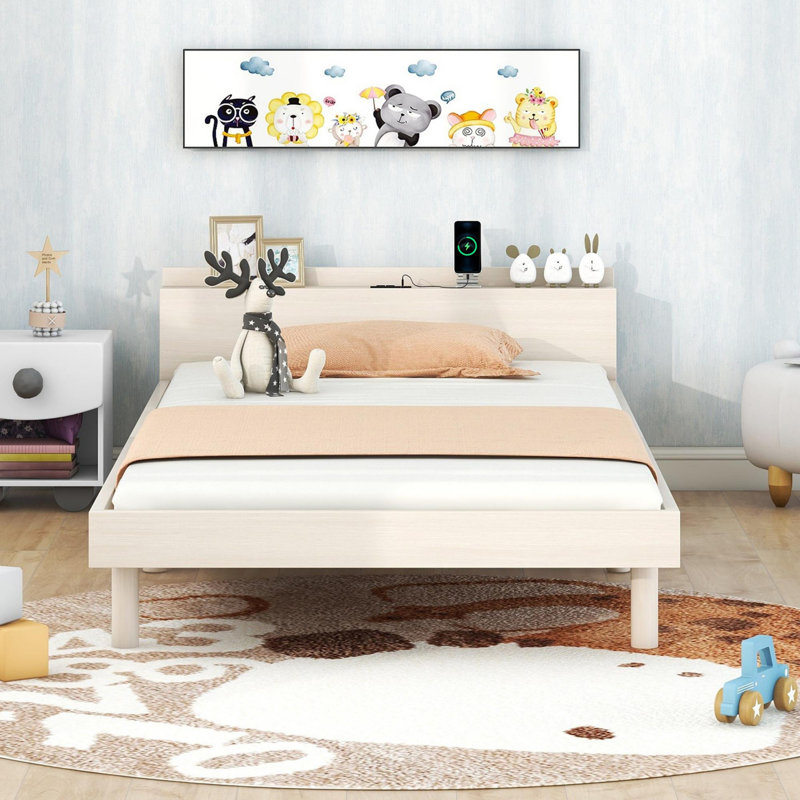 Bed Frame With Built-in USB Port on Shelves Headboard, White Washed