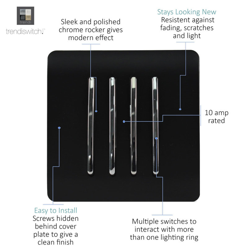 Trendi Switch 4 Gang 1 or 2 way Rocket Light Switch, Matt Black