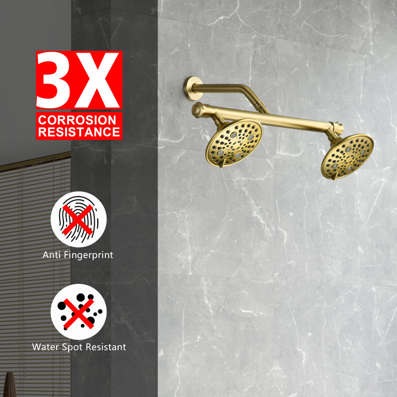 Dual Shower Head Combo Set For Couples with 16 Inch Long Shower Arm, Brushed Gold