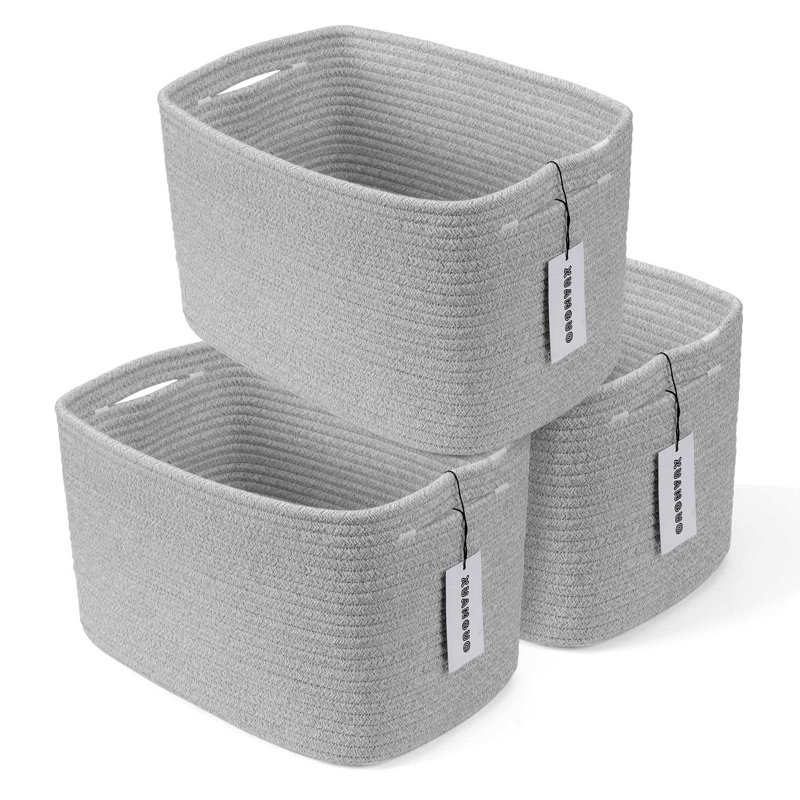  3-Piece Cotton Rope Storage Basket Set, Rectangular Woven Shelf Bins with Handles, Gray