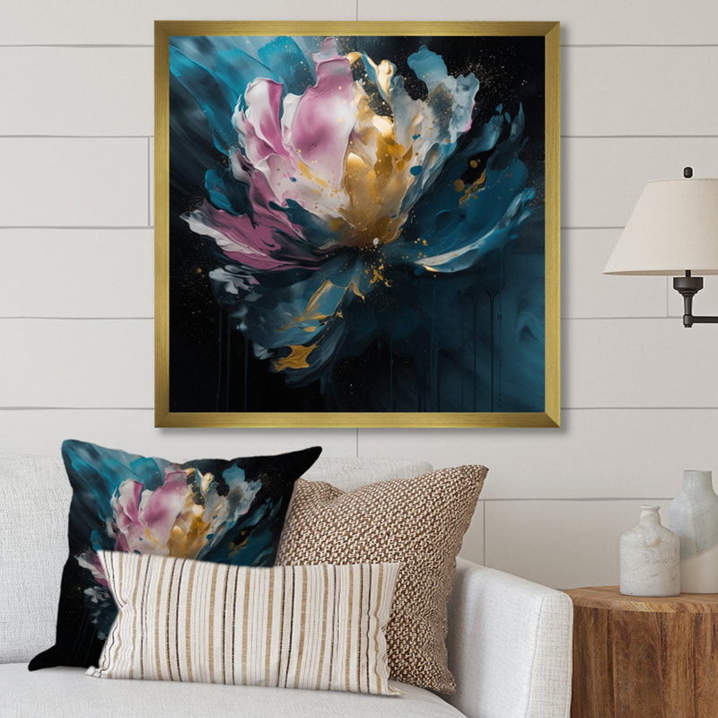 "Blue Pink Pe pivoines Artistry II", reproduction d'art sur toile, H 16 po x l 16 po x P 1 po, Encadrement doré