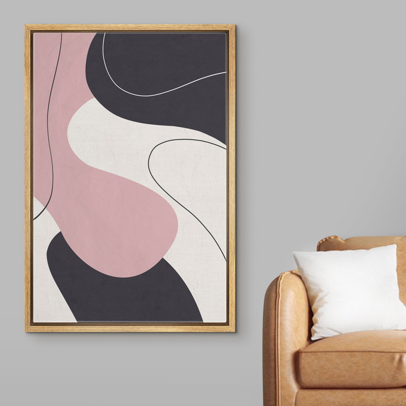 Abstrait rose et formes foncées avec ligne - cadre flottant, impression sur toile, Encadrement brun