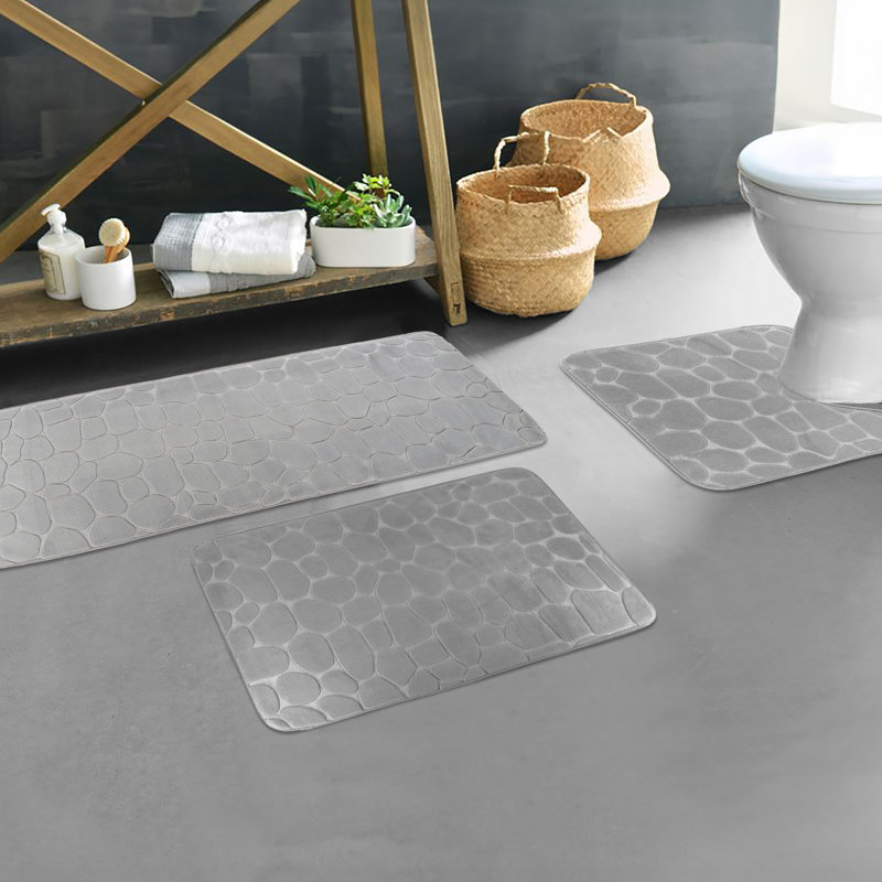 Memory Foam Bathroom Rugs Set 3 Piece Pebble Stone, Light Gray