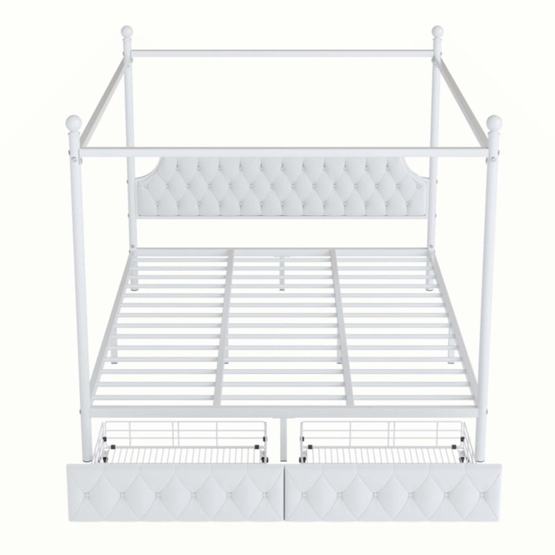 Lit plateforme à baldaquin en métal avec tête de lit tapissier, 2 tiroirs et coutures à boutons, Roi