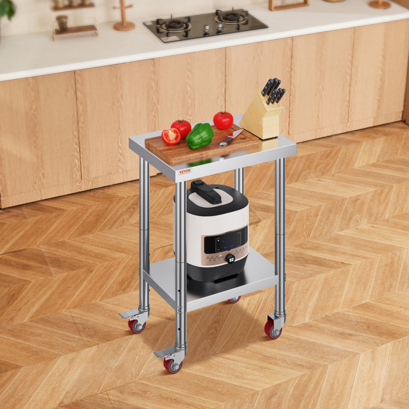 Stainless Steel Work Table 24 x 18 x 34 Inch, 700 LBS Load Capacity with 4 Wheels, 3 Adjustable Height Levels