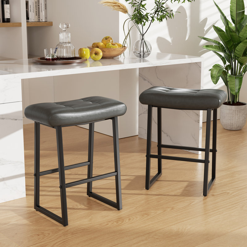 Upholstered Counter Stool with Metal Frame, Black, Dark Grey