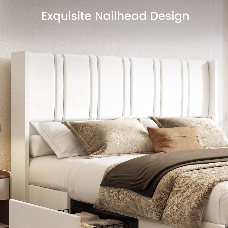 Latitude Run® Linen Upholstered Platform Bed Frame With 4 Storage Drawers And Wingback Headboard, No Box Spring Required, Easy Assembly