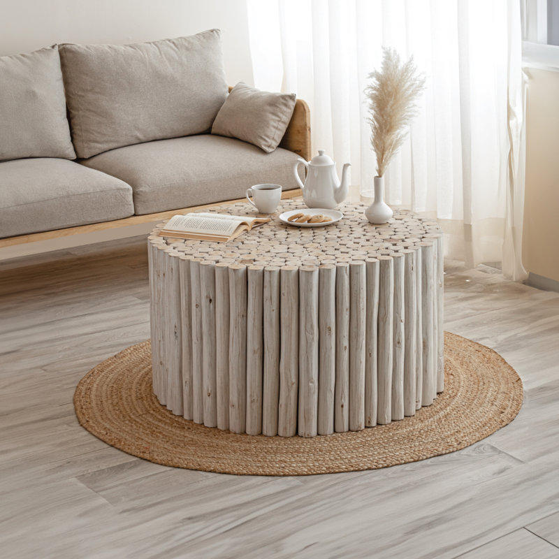 Wood Top Coffee Table with Solid Base, White