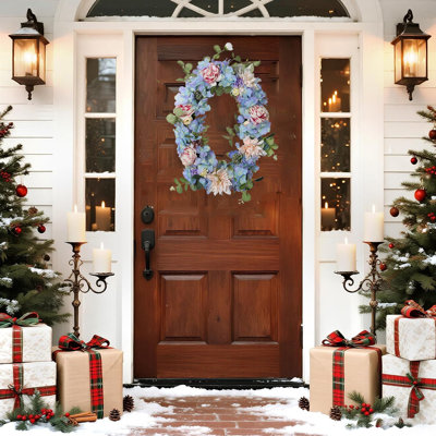 Simulated Peony Hydrangea Wreath, Blue Flower Decoration, Durable, Suitable For Outdoor And Indoor Use, Essential Decoration For Holiday Home Furnishings, Christmas Front Door Window Hanging Decoration, Spring/Summer Wreath