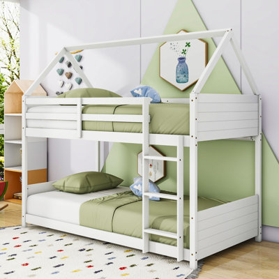 Wood Twin Over Twin Floor Bunk Bed With Guardrails And Ladder, House-Shaped Design by Harper Orchard