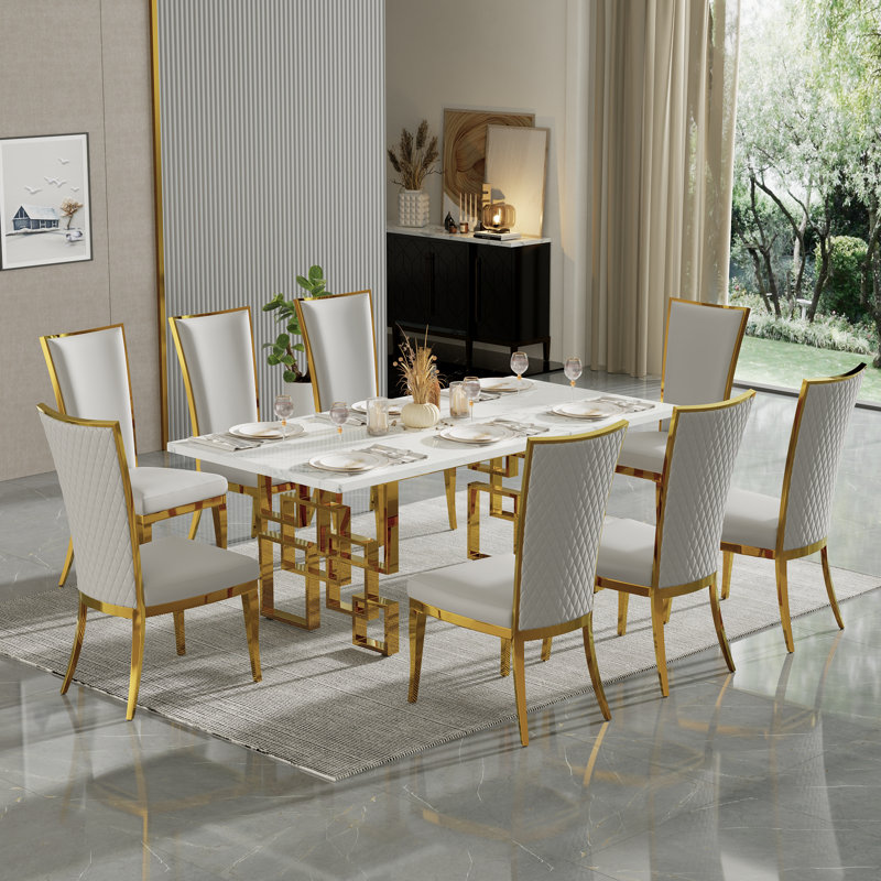 Table de salle à manger de luxe blanc avec base géométrique polie, Or