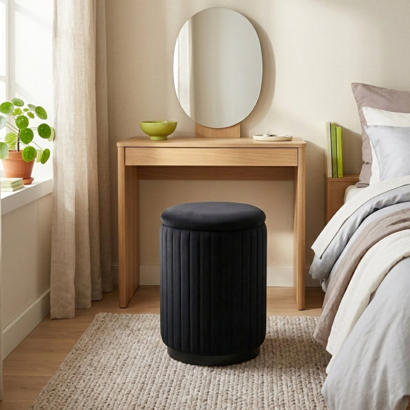 Round Ottoman Vanity Stool with Storage, Black