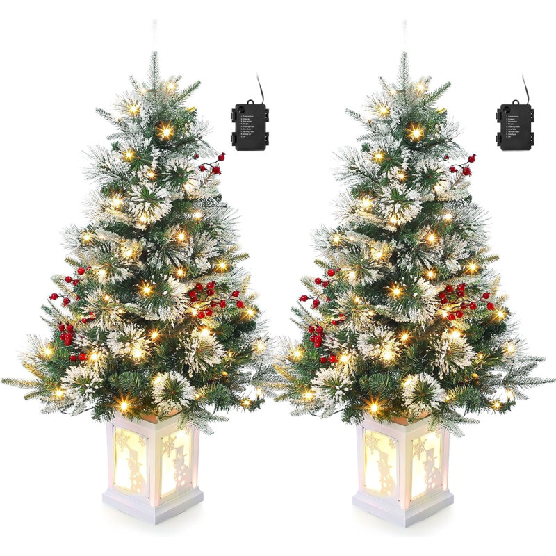 3Ft Artificial Christmas Tree With Snow Flocked And Lighting Snowflake Base, Battery Operated Xmas Pine Tree With 78 LED Lights, 8 Lighting Modes And Timer Function, For Home Christmas Decoration