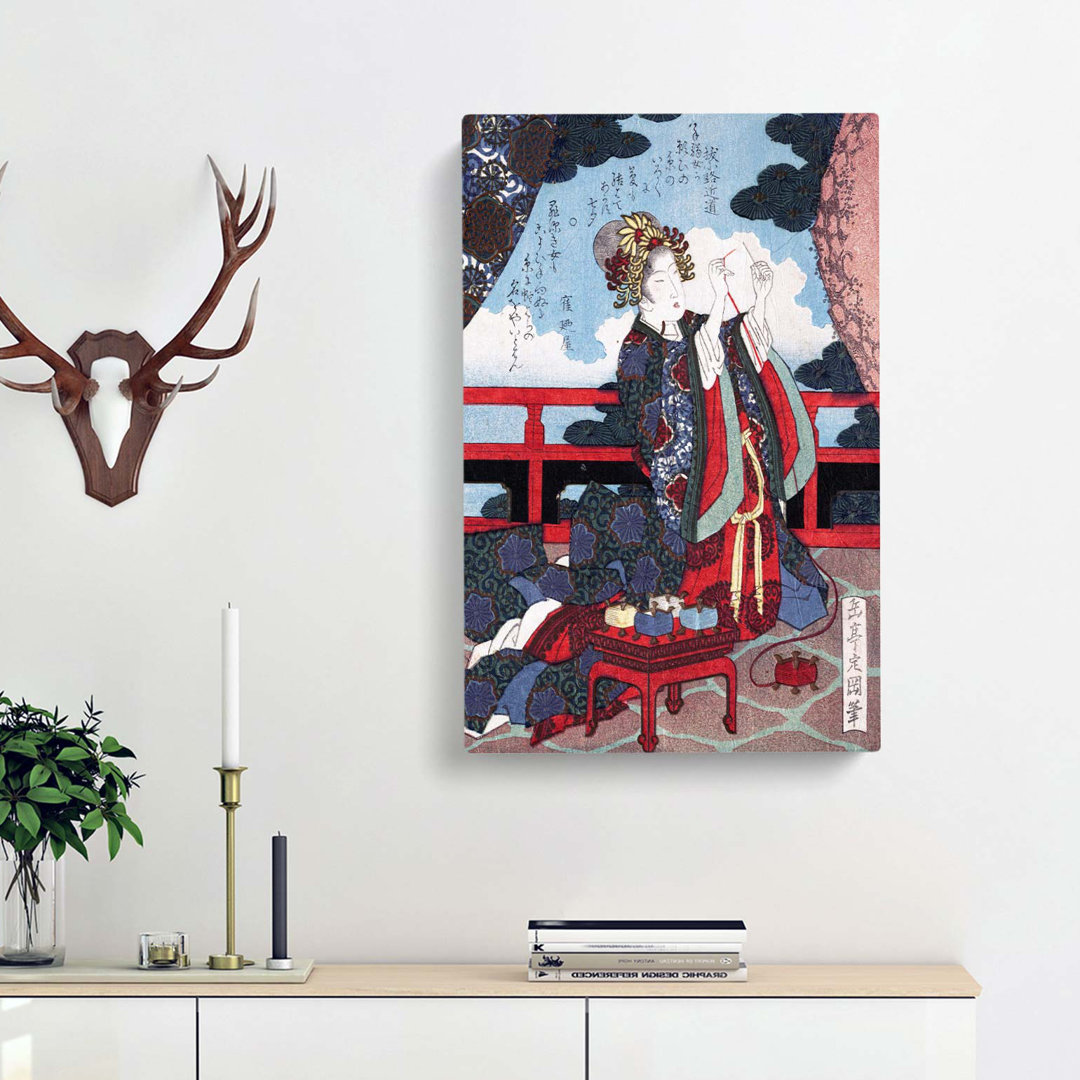 Lady Threading A Needle by Yashima Gakutei - Wrapped Canvas