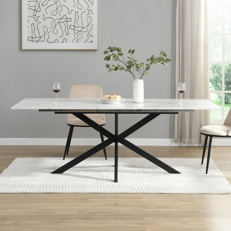 Extendable Dining Table 160cm Marble Effect Black X Leg 4-6 Seater Modern