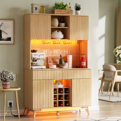 Grande armoire à vin de 70 po avec huche de rangement, bar à liqueur avec lumières colorées, 2 tiroirs et une étagère de rangement à 12 niveaux et un support à 9 verres à vin pour la cuisine de la salle à manger