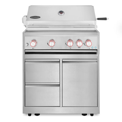 Barbecue à gaz Cosmo 32 po, collection Newport, 4 brûleurs, armoire de rangement, rôtissoire, tiroirs de rangement, acier inoxydable