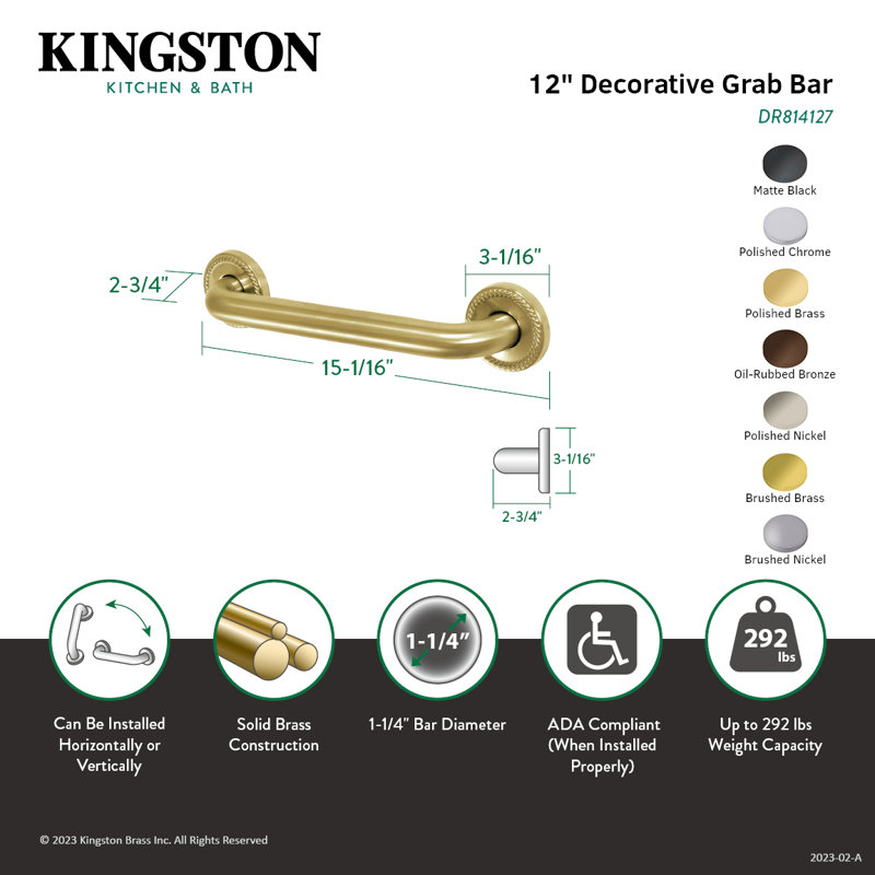 Kingston Brass Laurel 1-1/4 Inch O.D Grab Bar, 12" W, Polished Brass