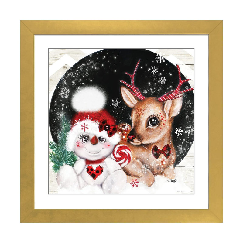 Christmas Reindeer & Snowman Friend - Reproduction d'art murale - Papier d'art encadré, H 24 po x l 24 po, Doré