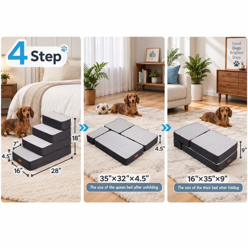 Escalier pliable et réglable à 4 marches gris pour animaux de compagnie, idéal pour les lits ; marches intérieures antidérapantes pour permettre aux petits chiens et chats de monter sur les lits.