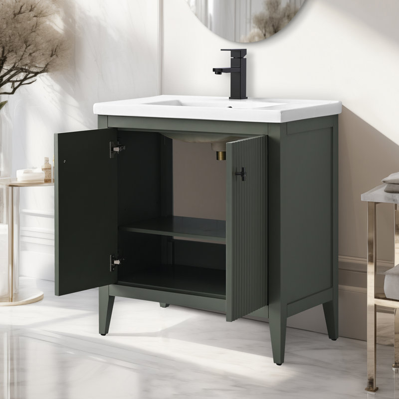 Single Bathroom Vanity with Ceramic Top, 30", Matte Black, Linear Vintage Green