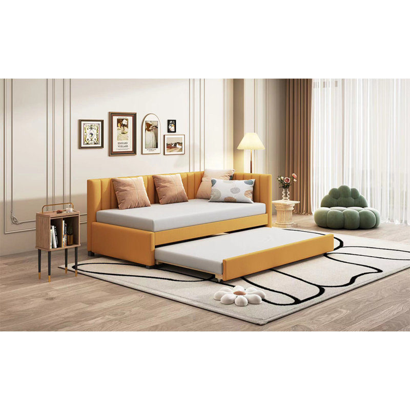 Upholstered Daybed With Trundle Twin Size Sofa Bed Frame No Box Spring Needed, Linen Fabric(Yellow), Yellow