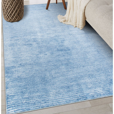 Araceli Machine Washable Stripe Flatweave Performance Blue Area Rug