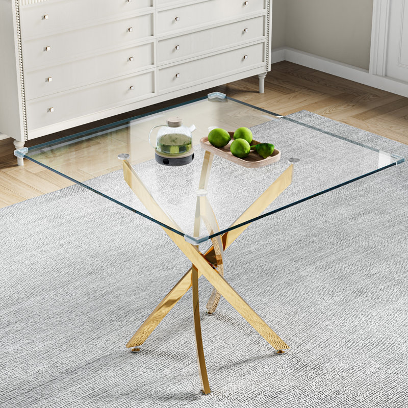 Square Dining Tempered Glass Dining Table With Stainless Steel Legs, Gold