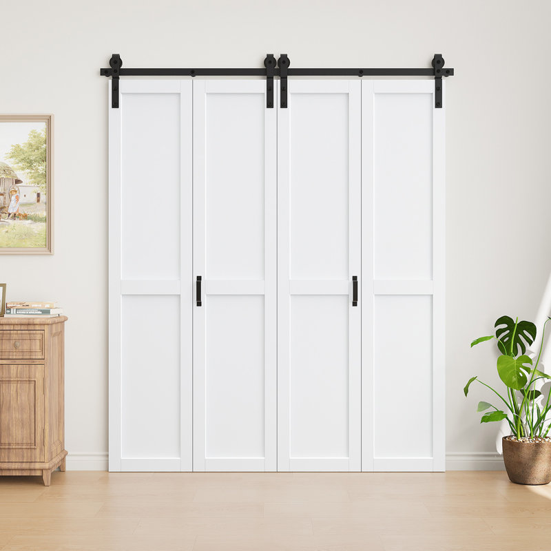  Panneaux sans assemblage, portes de grange pliantes en bois manufacturé blanc massif avec ensemble de quincaillerie, 2