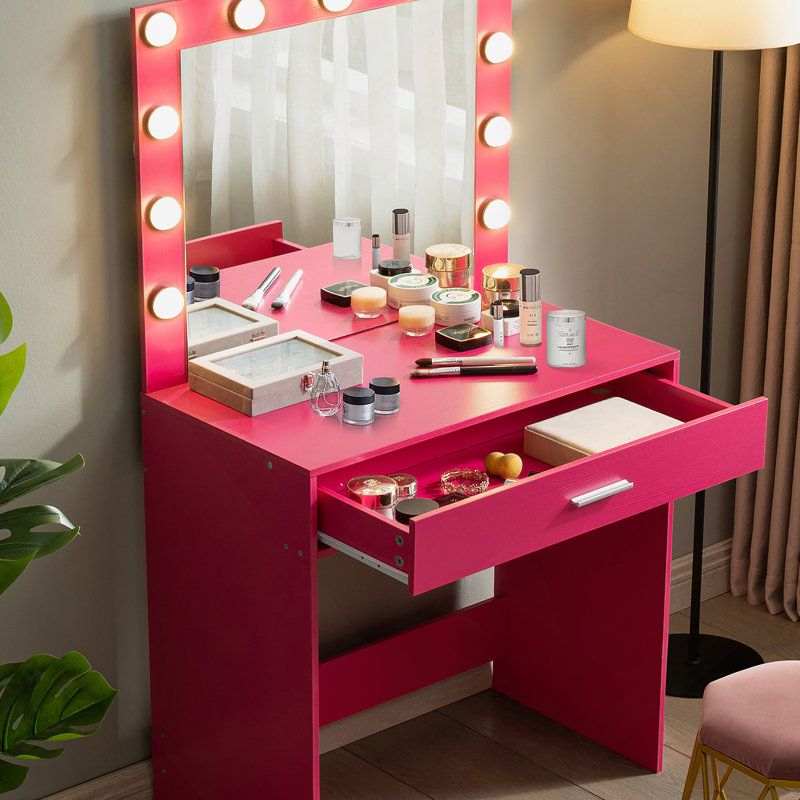 Vanity Desk With Mirror And Lights, Dressing Table With Large Drawer, 1 Level Storage Dresser & 3 Lighting Modes Adjustable Brightness