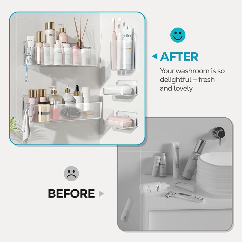 Adhesive Wall Shelf – Clear – 5-Pack Shower Organizer Shelves With Soap Holder For Bathroom Storage