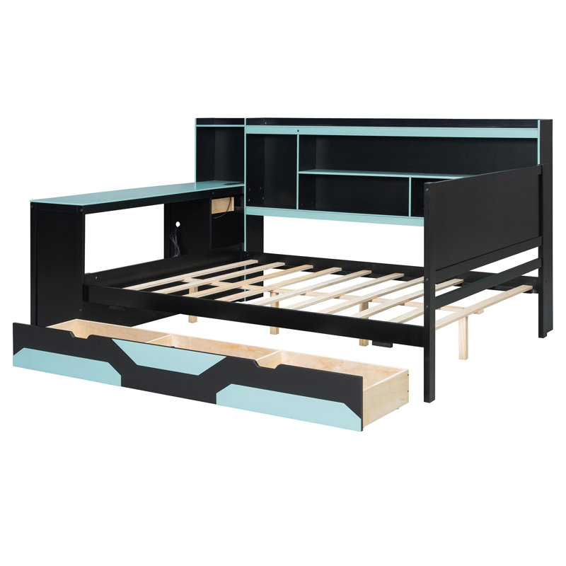 Lit de jour de jeu double avec bureau intégré et lumières, cadre de lit en bois moderne avec 3 tiroirs de rangement et station de charge intégrée