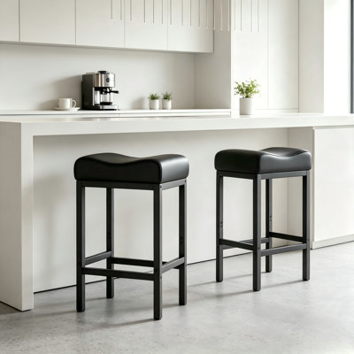 Bar Stools Set Of 2, 30-inch Counter Height Chairs With Synthetic Leather Stitched Seat For Kitchen Island, Modern Metal Frame For Residential Home Bars(black)