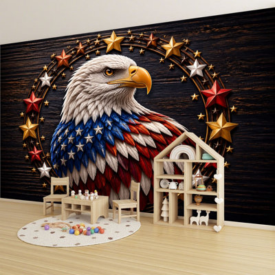 Adhésif mural pelez et collez Patriotic American Bald Eagle, rouge, blanc, bleu, plumes, art mural, adhésif et amovible