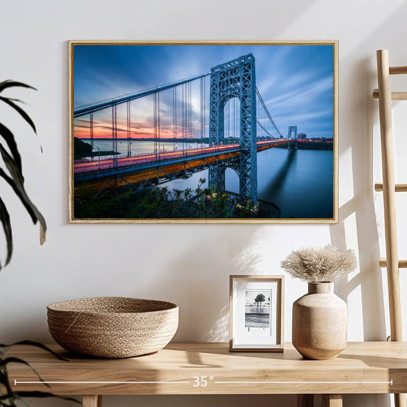Pont George Washington à l'aube, Cadre flottant en bois naturel, 25 po x 17 po