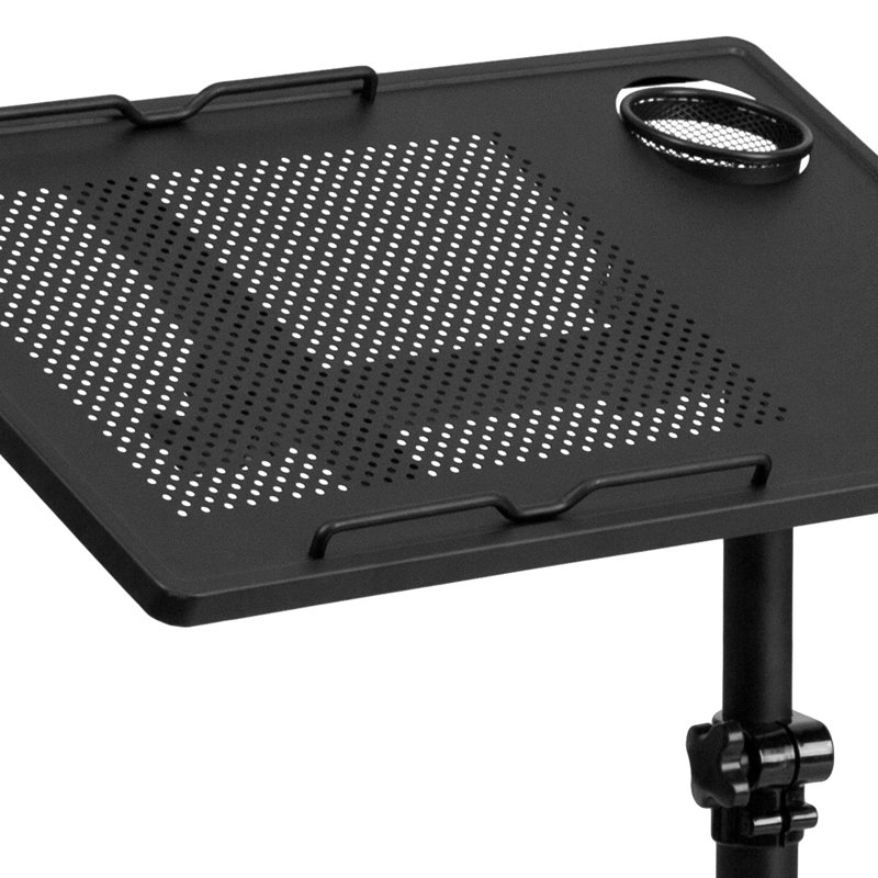 Black Adjustable Height Steel Mobile Laptop Cart with Cup Holder