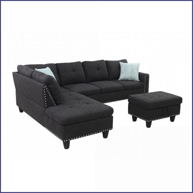 Canapé de 98 po de largeur faisant face à la gauche Chaise avec repose-pieds - gris | Mélange de lin | Accoudoirs ronds