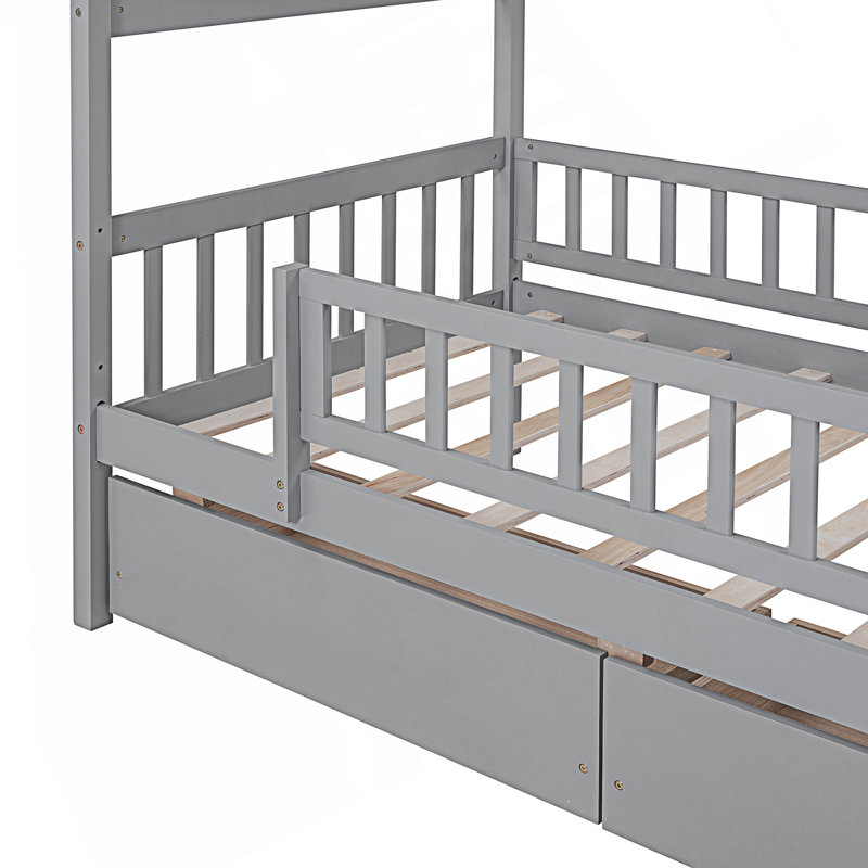 Twin Size House Bed With Two Drawers, Grey