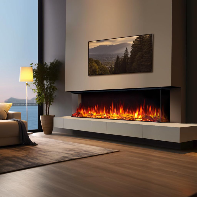 FLAMME Knighton 1/2/3-Sided Platinum Smart Electric Media Wall Fireplace, App Control, 1.8kW Heater, Logs & Crystals Included