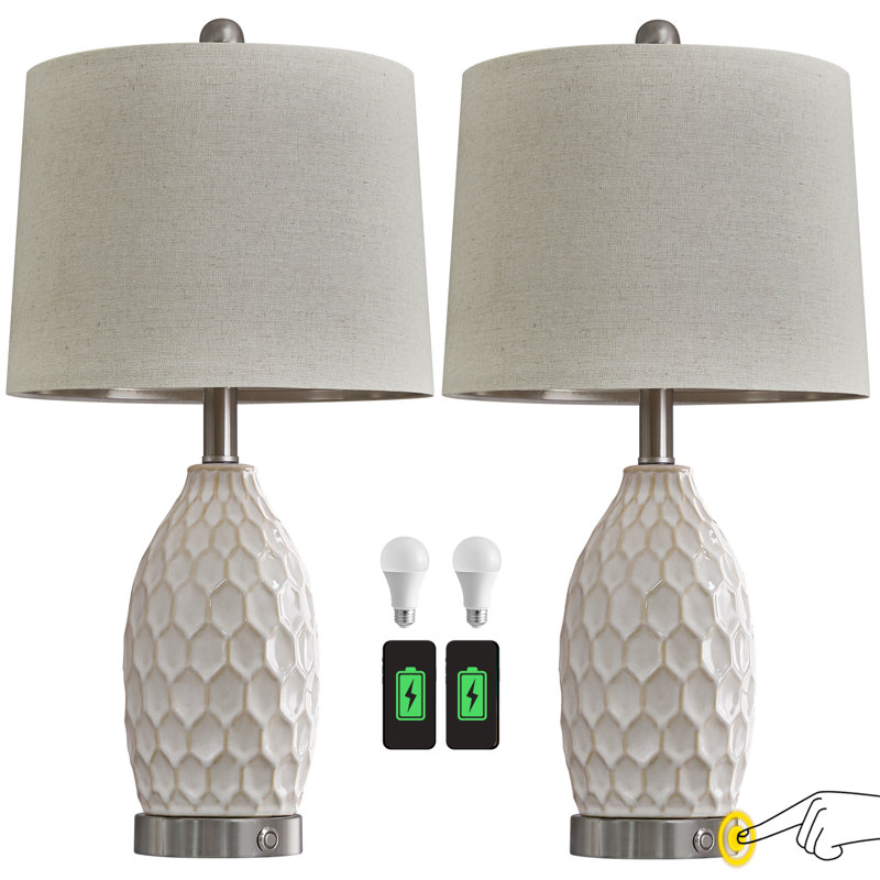 Intissar 3-Way Dimmable Ceramic Bedside Lamp with USB Port for Desk, Office