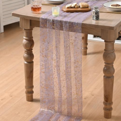 3Pcs Grayish Purple Gauze Gold Table Runner 10FT, Glitter Metallic Foil Sheer Dining Wedding Anniversary Holiday Table Decor for Home Party
