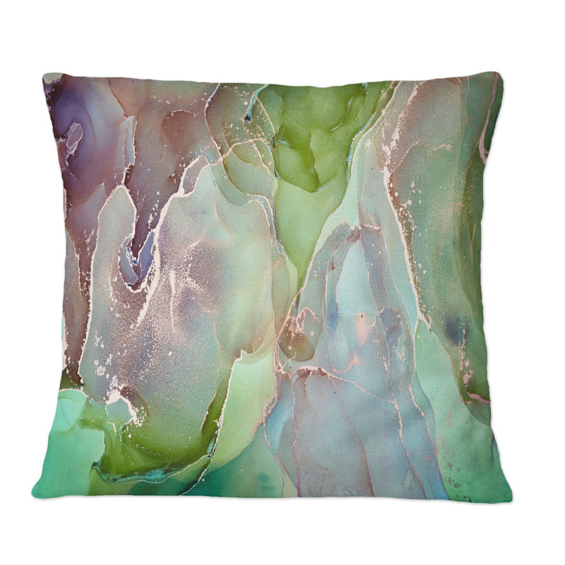 Green And Pink Abstract Ink Art - Modern Printed Throw Pillow, 16" x 16"