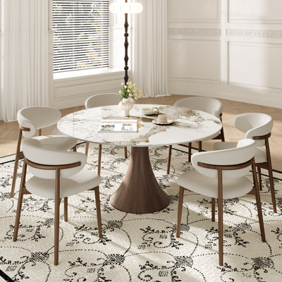 Stone Round Powley With 4/6 Premium Solid Wood Leather Upholstered Dining Chairs For Kitchen/Dining Room
