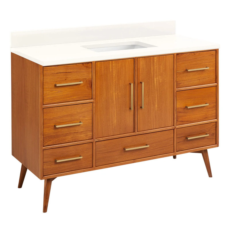 48" Novak Single Bathroom Vanity Set with Rectangular Undermount Sink, Natural Teak, Arctic White Quartz, No Faucet Hole