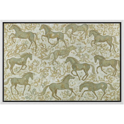 Running Horses Decorative Pattern in Soft Neutrals Framed Canvas Master Bedroom Wall Art Work Print