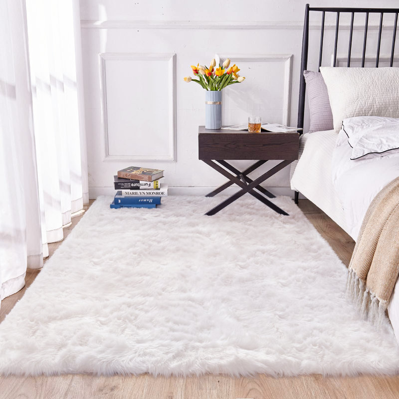 Haja Fluffy Faux Sheepskin Fur Shag Area Rug in White, Rectangle 3' x 5'