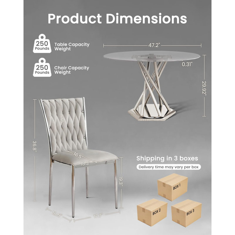 47.2" Dining Table Set for 4, Modern Round Glass Dining Table Set With 4 Upholstered Chairs, for Dining, Kitchen, Silver