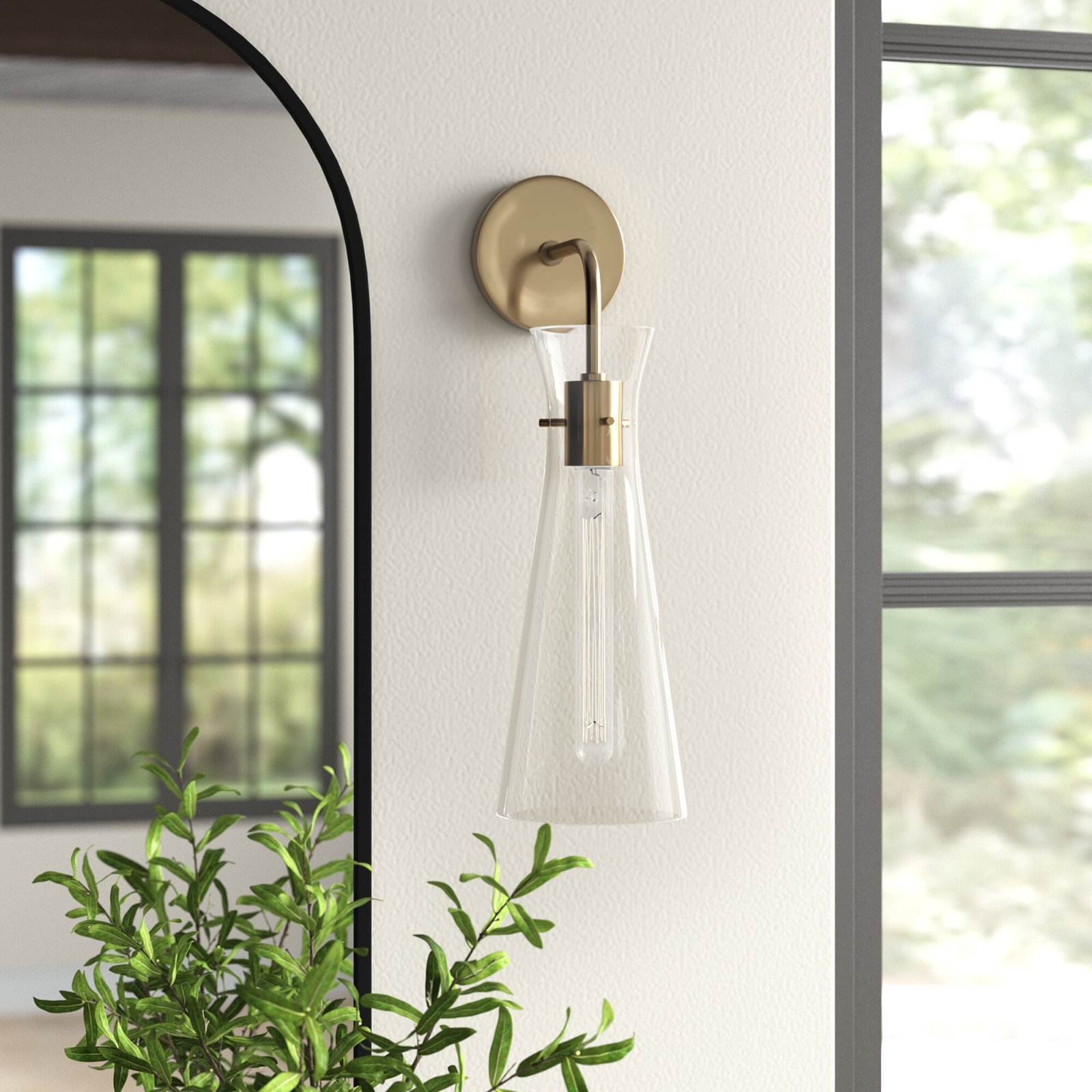 Gena Single Light Glass Dimmable Armed Sconce, Aged Brass