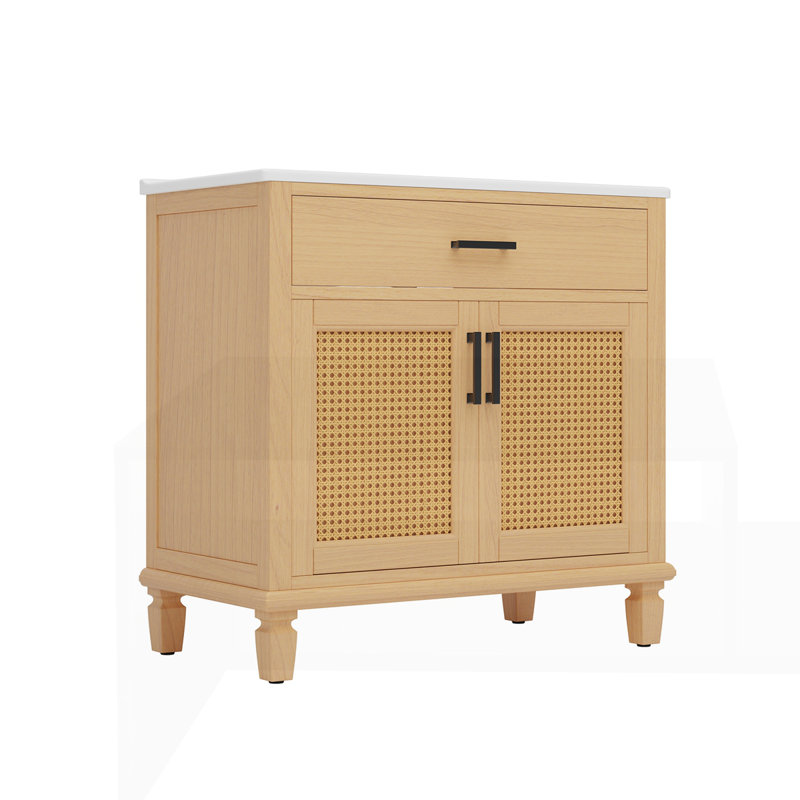 36" Rattan Bathroom Vanity with Ceramic Sink, Natural